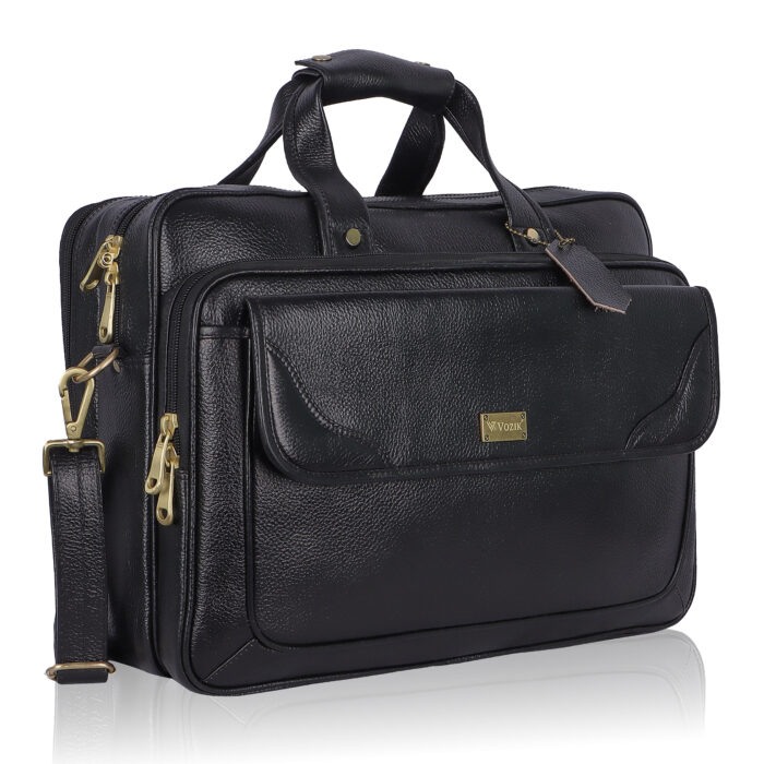 VOZIK Black Mens Leather Laptop Bag - Angled view, professional style