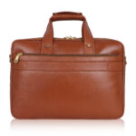 Back view of the men tan leather messenger bag with trolley sleeve
