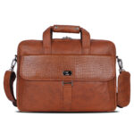 Tan leather briefcases for men with crocodile-texture flap and sturdy handle.