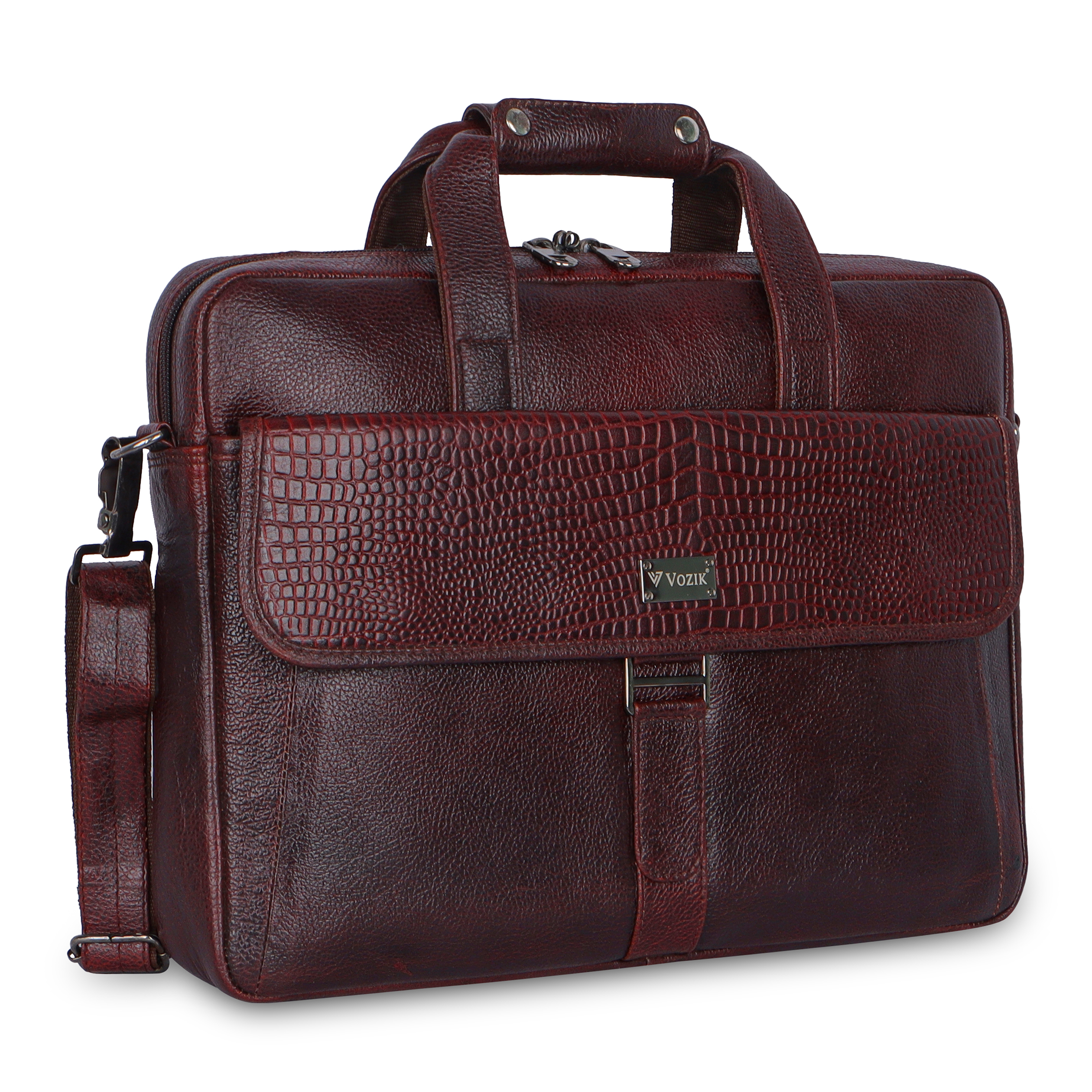 Brown leather briefcases for men with crocodile-texture flap and sturdy handle.