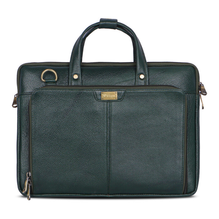 VOZIK Green Leather Messenger Bag - Front view, unique color for office bags for men