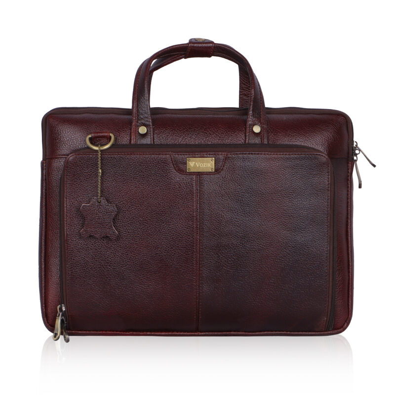 VOZIK Brown Leather Messenger Bag - Front view, premium pebbled leather bag