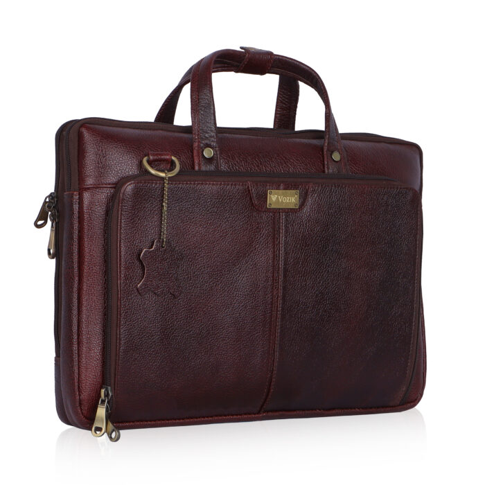 VOZIK Brown Mens Leather Laptop Bag - Angled view, professional design