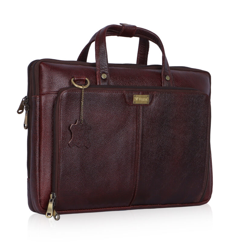 VOZIK Brown Mens Leather Laptop Bag - Angled view, professional design