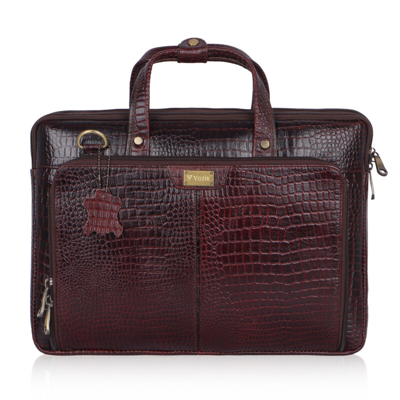 VOZIK Croco Brown Leather Messenger Bag - Front view, executive office bags for men