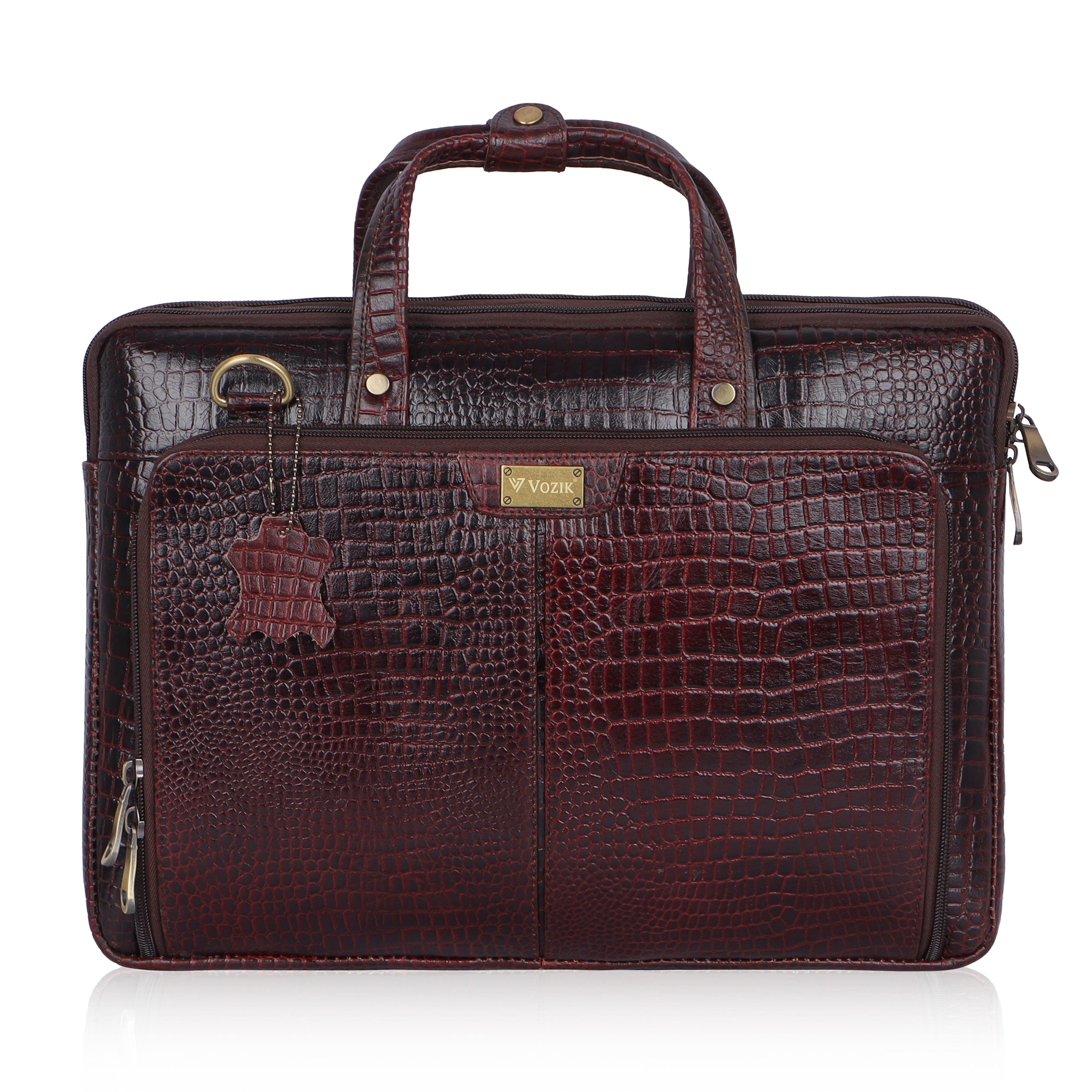 VOZIK Croco Brown Leather Messenger Bag - Front view, executive office bags for men