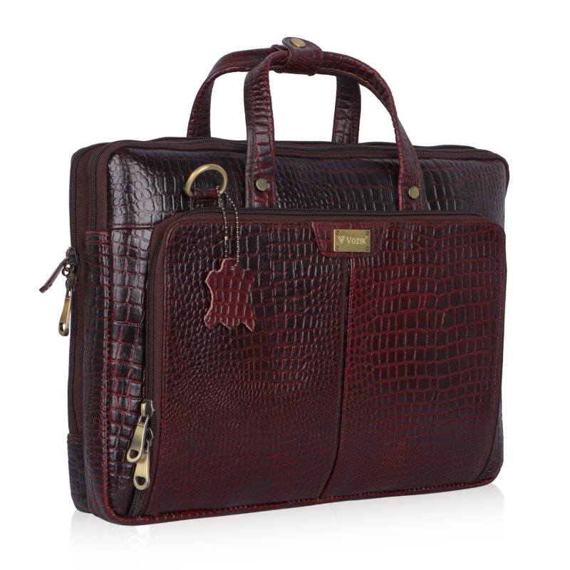 VOZIK Croco Brown Mens Leather Laptop Bag - Angled view, luxury leather bag texture