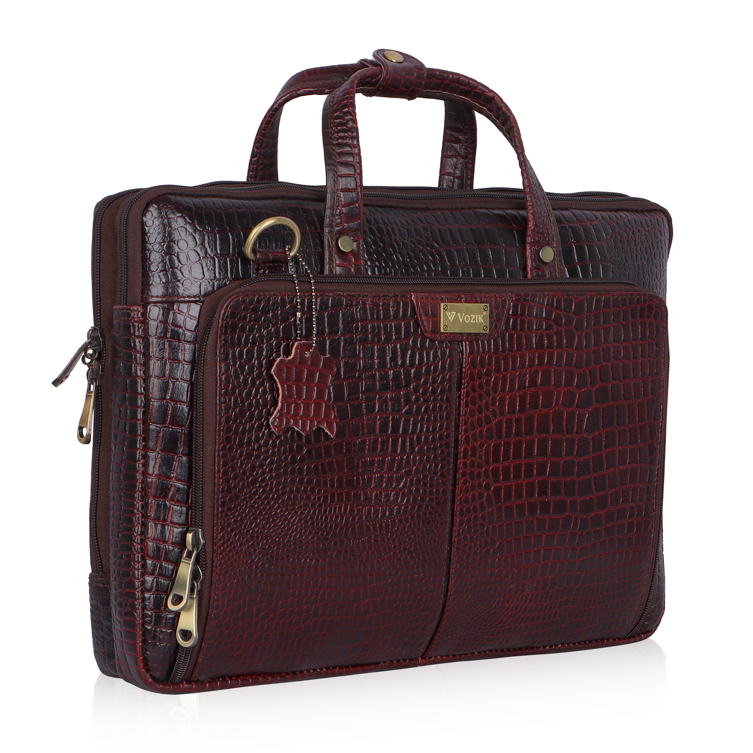 VOZIK Croco Brown Mens Leather Laptop Bag - Angled view, luxury leather bag texture