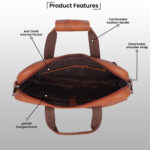 Open interior of the tan leather briefcases for men, showing padded sleeve for 15-inch laptop.
