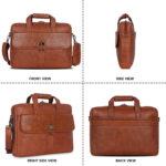 All side view of the flap buckle leather messenger briefcase TAN
