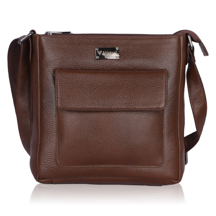 VOZIK Brown Leather Sling Bag - Front view showcasing the rich brown genuine leather and prominent front pocket.