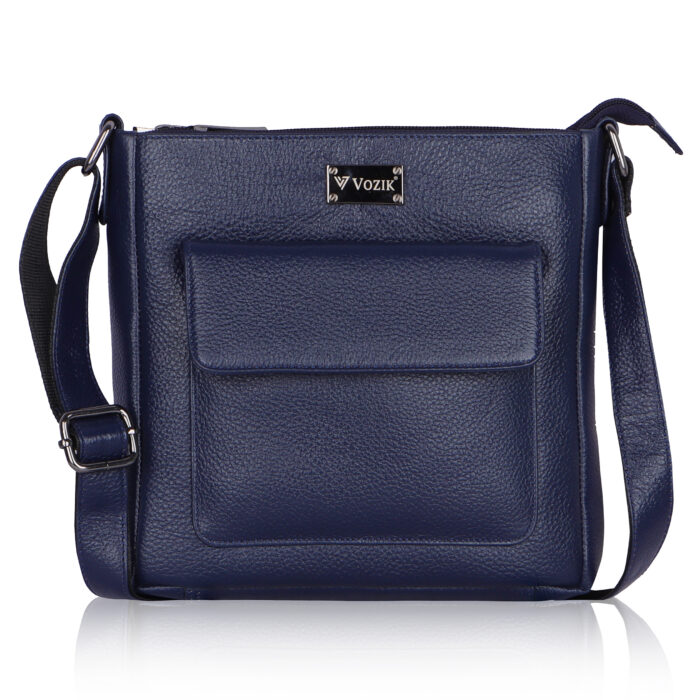 VOZIK Blue Leather Sling Bag - Front view showcasing the rich navy blue genuine leather and prominent front pocket.