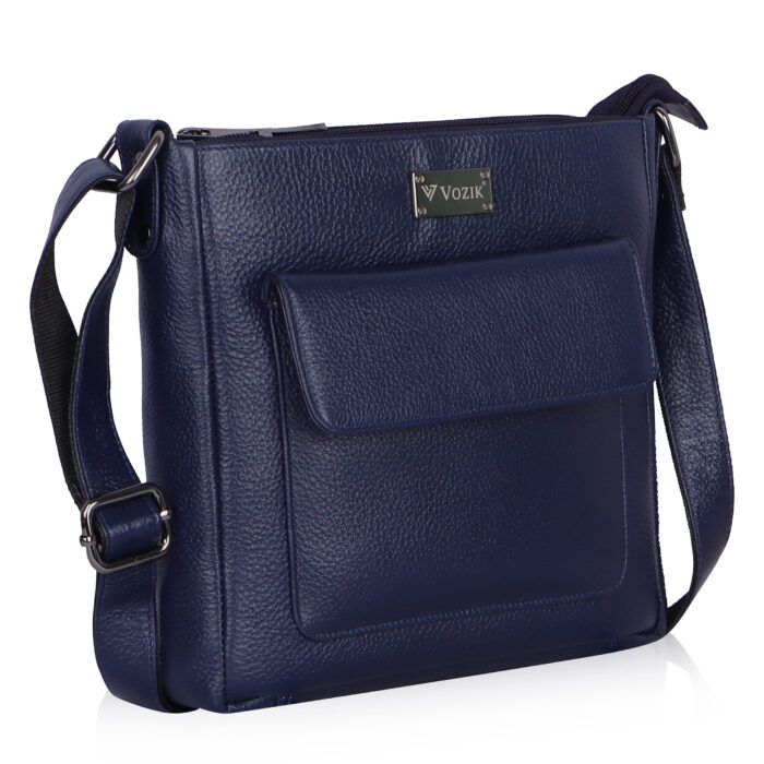 VOZIK Blue Unisex Crossbody Bag - Angled view, highlighting the textured leather and sturdy construction.