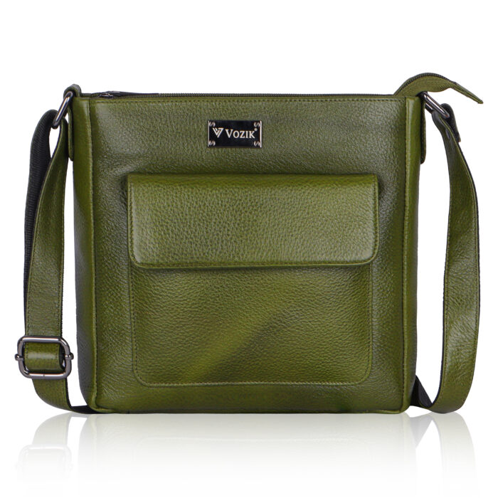 VOZIK Green Leather Sling Bag - Front view, showcasing the vibrant green genuine leather and distinctive front pocket.