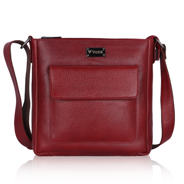 VOZIK Wine Leather Sling Bag - Front view showcasing the rich deep red genuine leather and stylish compact design.