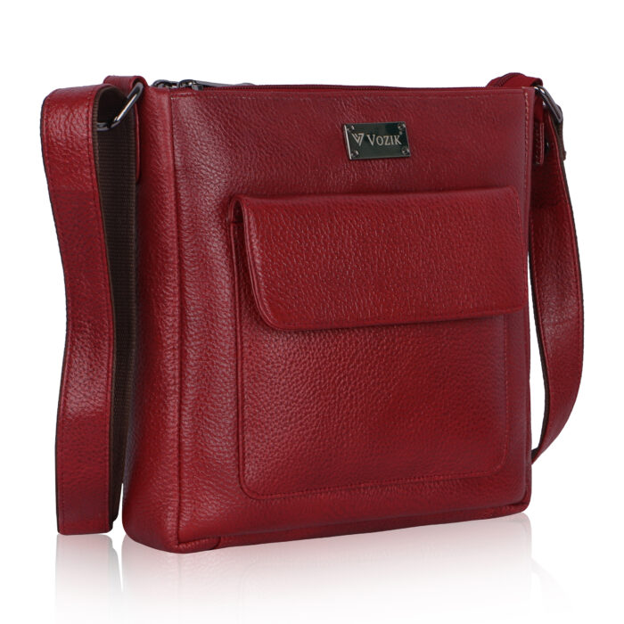 VOZIK Wine Unisex Crossbody Bag - Angled view, emphasizing the genuine leather texture and quality hardware.