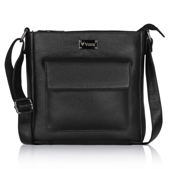 VOZIK Black Leather Sling Bag - Front view, showcasing the classic black genuine leather and front flap pocket.