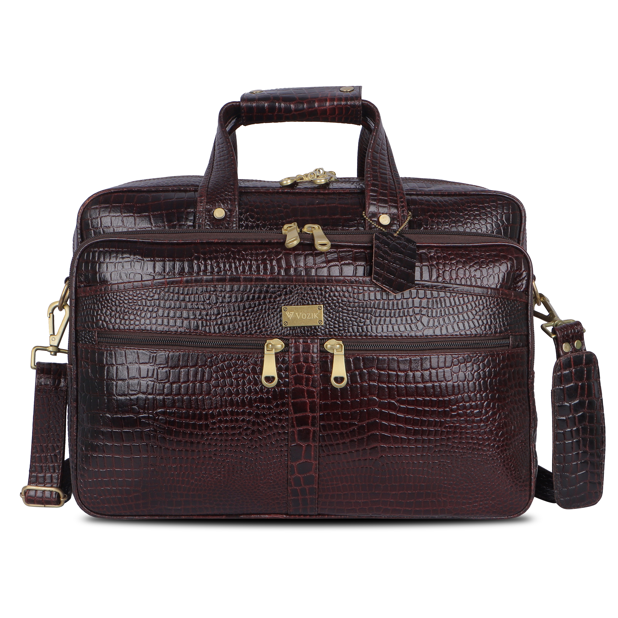 Men's Leather Briefcase - Croco Brown Embossed Double Zip Bag