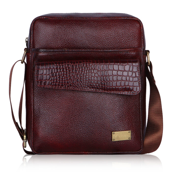 VOZIK Brown Leather Sling Bag for Men - Full front view, showcasing genuine leather texture and the front flap pocket.