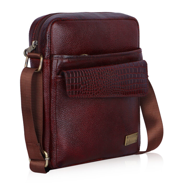 VOZIK Brown Mens Crossbody Bag - Three-quarter side angle emphasizing the depth, compact profile, and leather thickness.