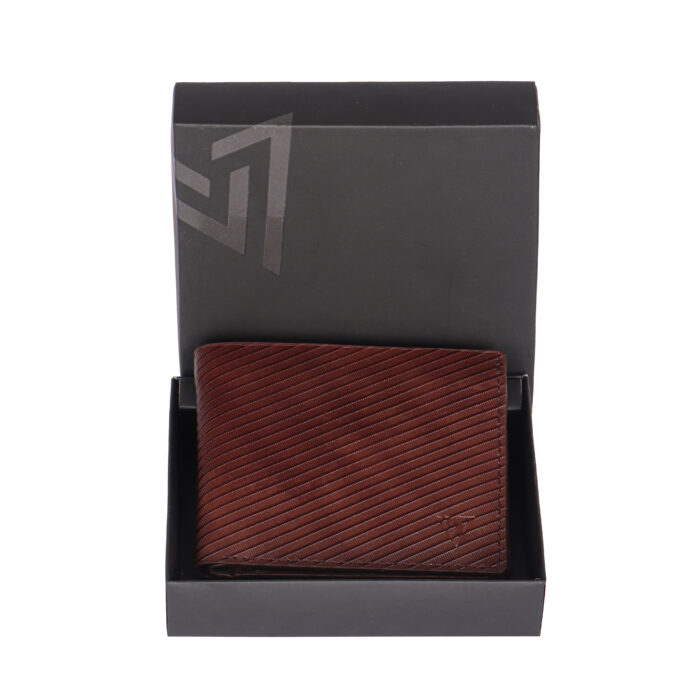VOZIK Cross Line mens genuine leather wallet in cross line texture in color brown box view