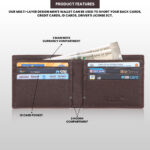Brown Slim Bifold Wallet Men - Fully open interior view, showing two main currency compartments.