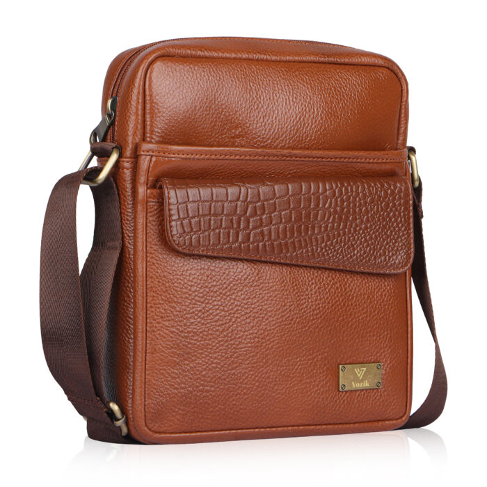 VOZIK Tan Mens Crossbody Bag - Three-quarter side angle view emphasizing the bag's depth, compact profile, and zippered closure.