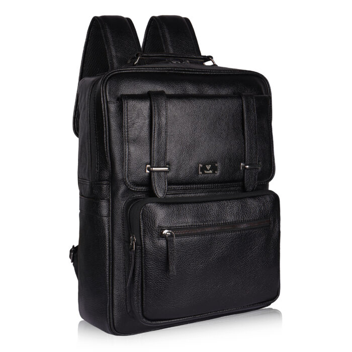 Other front profile view of the VOZIK black genuine leather bag with laptop compartment for men and women