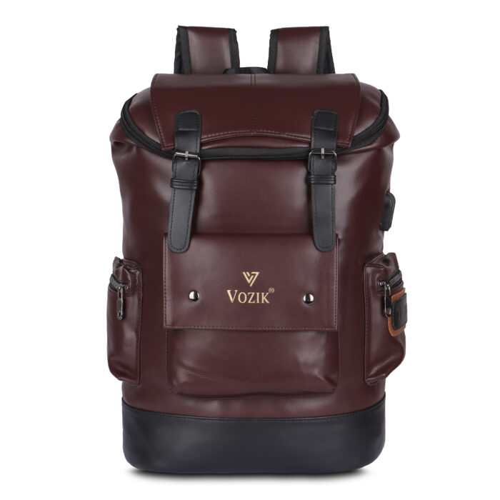 VOZIK brown leather backpack for men and women with flap closure, perfect for business.